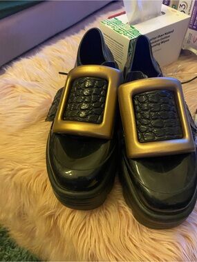 Melissa and viktor and Rolf Black Platform Loafers with Gold Buckle Accent